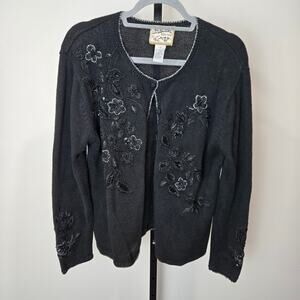 Vintage Heirloom Collectibles Black Beaded Sweater Black Floral Embroidered Knit